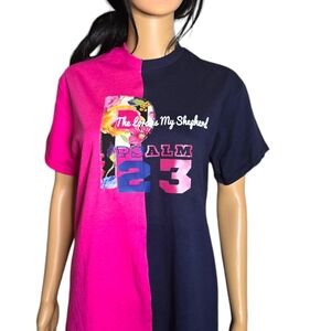 Handmade Patchwork T-Shirt with Psalm 23 Bible Verse Design.made by me.